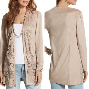 Chico’s Faux Suede Perforated Open Front Duster Jacket Sz M